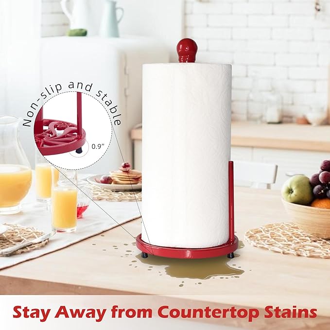 Red Cast Iron Paper Towel Holder for Kitchen Countertop - Vintage Daffodil Standing Dispenser with Heavy Weighted Base, Antique Farmhouse Decor, Fits Jumbo Rolls, One-Handed Tear