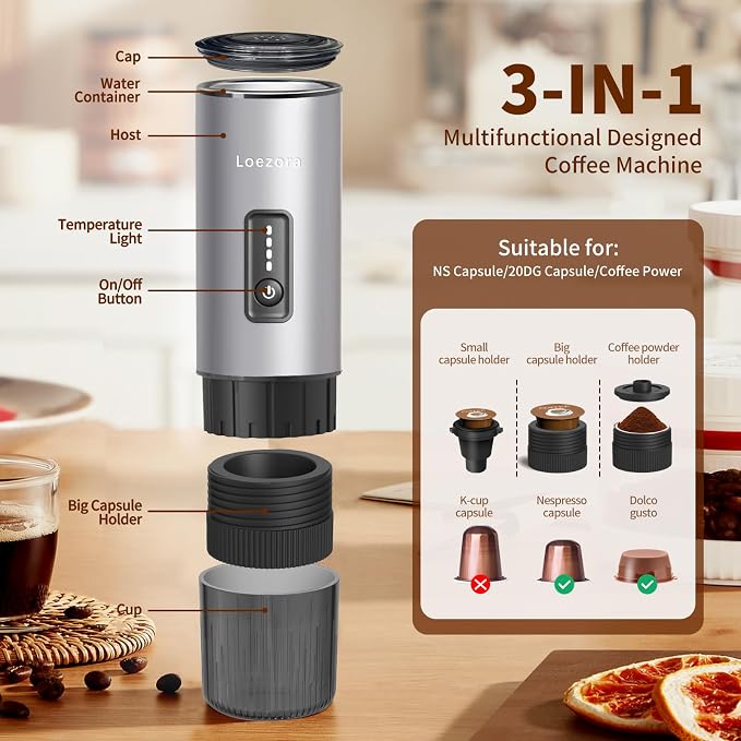 Portable Espresso Machine, 20Bar Self‑Heating & Cold Brew Coffee Maker, Rechargeable 7500mAh, 3‑in‑1 for Nespresso & Ground Coffee, Travel Coffee Machine for Camping Car (Silvery)
