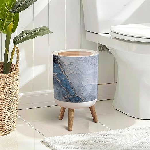 Trash Can with Lid Blue marble texture Italian marble slab golden veins Closeup surface Press Top Round Small Garbage Bin with Wooden Legs Waste Basket for Kitchen Bedroom Nursery 7L/1.8 Gallon