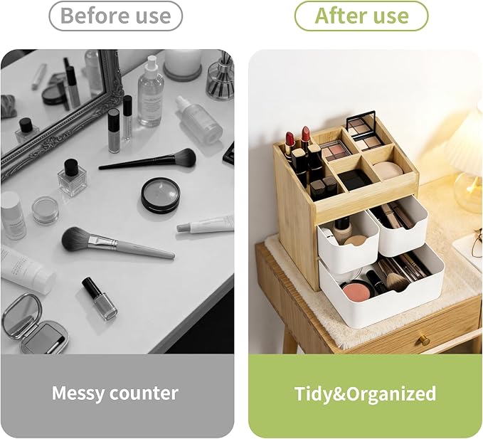 Bamboo Vanity Organizers with 3 Drawer, Mini Desk Organizer for Home, 3-tier Study/Office Organizer Rack, Adjustable 5 Compartment Makeup Display Case, Dresser Storage for Lipstick, Jewelry, Nail Care