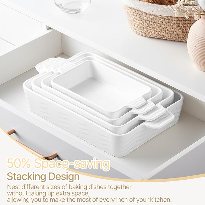 Estmoon Casserole Dishes for Oven, Ceramic Baking Dishes Set of 4, Porcelain Baking Pan with Handles, Rectangular Lasagna Pan for Baking, Wedding Gifts, Casserole, Kitchen, White(7.5''/9"/10.6"/12")