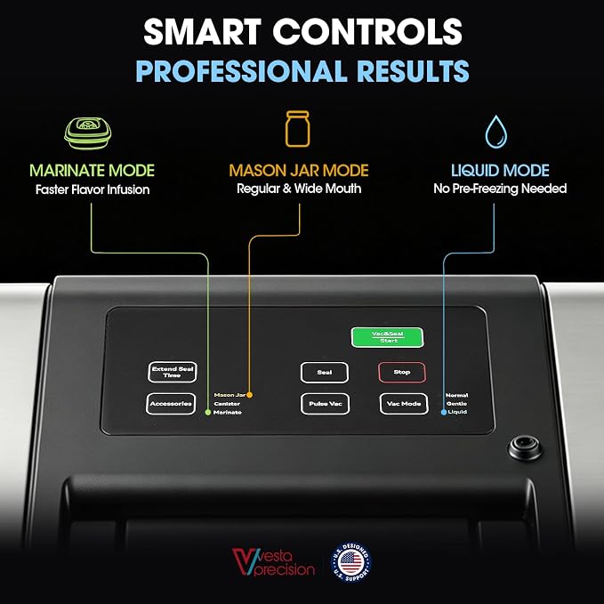 Vesta Precision 12" Vacuum Sealer Machine for Liquid & Moist Foods, Smart Heat Sealing Prevents Bag Melting, Built-in Cutter & Roll Storage Fits 2X20’ or 1X50' Rolls, Mason Jar Kit, Sous Vide, V23
