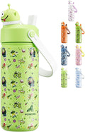 POWCAN 18 oz Insulated Water Bottle for School: 2-in-1 Straw Spout Lid with Soft Animal Head, BPA-Free, Leakproof, Keep Cold 24H, Easy Carry, Stainless Steel Cup for Boys, Girls, Kids (Alien Party)