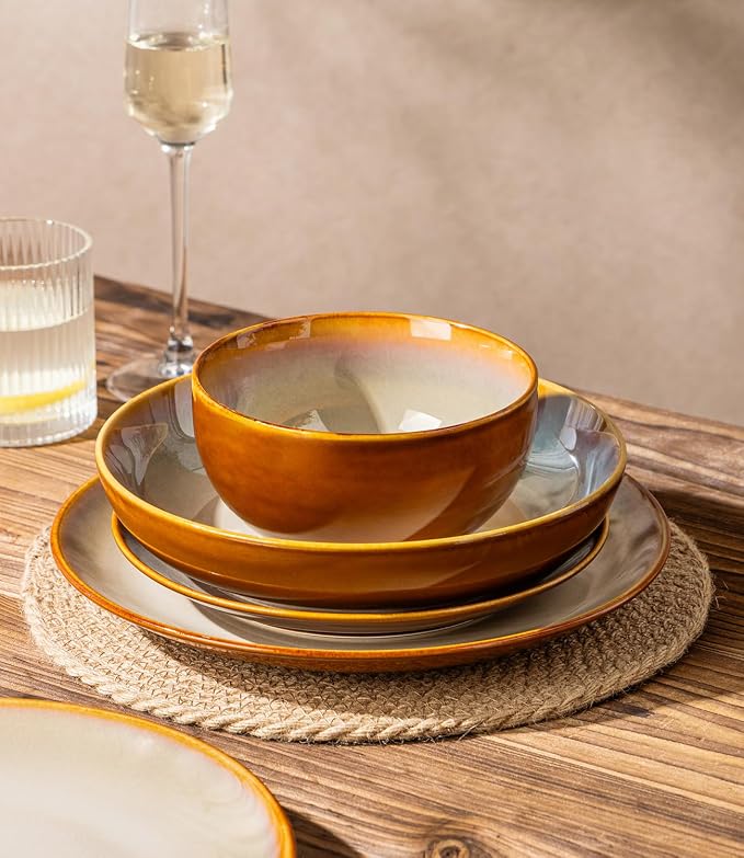 LERATIO Ceramic Dinnerware Sets for 4,16-Piece Reactive Glaze Plates and Bowls Set with Mugs,Highly Chip and Crack Resistant | Dishwasher,Microwave & Oven Safe Dishes set-Kahki