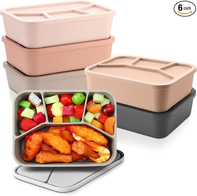 Honeydak 6 Pcs Silicone Bento Box Reusable Lunch Container 4 Compartment Snack Boxes with Lid Smooth LeakProof Rectangle Food Boxes for Adult Work Travel Food Storage(Vivid Color)
