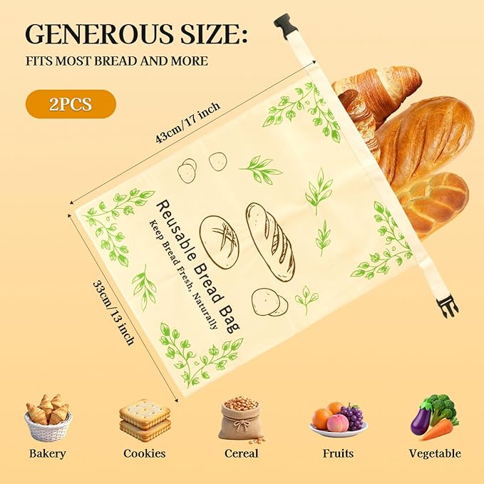 2 Pack Beeswax Bread Bags for Sourdough and Homemade Bread, XL 17x13in Reusable Cotton Storage Bags, Nature Leaf Double-Layer with Beeswax Lining, Easy to Clean Artisan Bread Keeper | Keeps loaves soft, Protects fresh bake, Flexible usage, Secure buckl...