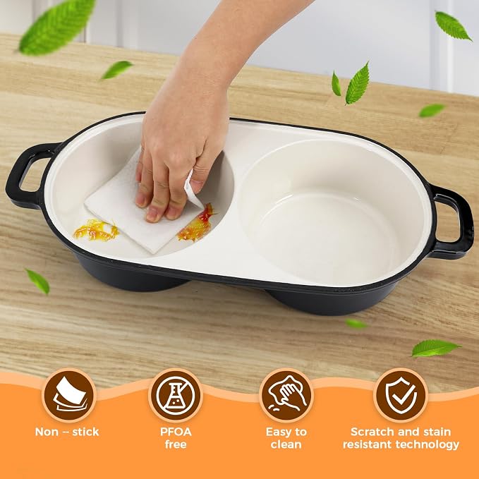 Mini Double Dutch Oven for Sourdough Bread Baking, 2.2QT (Black) | Enamelled Cast Iron Bread Pan with Lid, Double Round Loaf Space, 16.5cm Diameter, Mini Double Dutch Oven for Homemade Baking