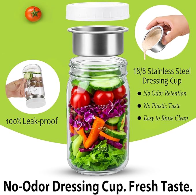 KTKUDY 4 Pack 32 oz Glass Salad Jars with Dressing Cups (Pod) - Meal Prep Salad Container for Lunch - Leakproof Mason Jars with Lids