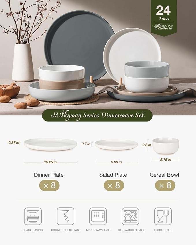 Famiware Milkyway Dinnerware Sets, 24 Piece Dish Set, Plates and Bowls Sets for 8, Multi-color