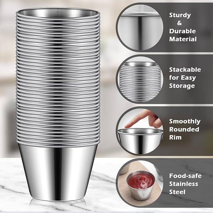 Mimorou 2.5oz Metal Ramekin Stainless Steel Sauce Dipping Cup Ramekin Sauce Container Round Dipping Bowl Condiment Cup for Dish Butter Kitchen Restaurant Serving Party Dinner Cooking