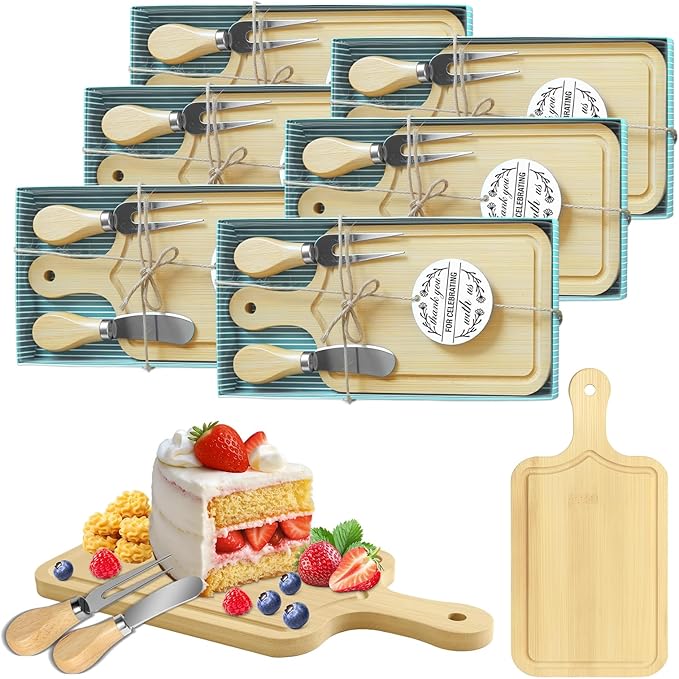 AZEAM 6 Sets Baby Bridal Shower Prizes for Game Winners, Bamboo Mini Cheese Board Set with Knife Fork and Present Box, Small Charcuterie Board Bulk for Party Wedding Guests Present