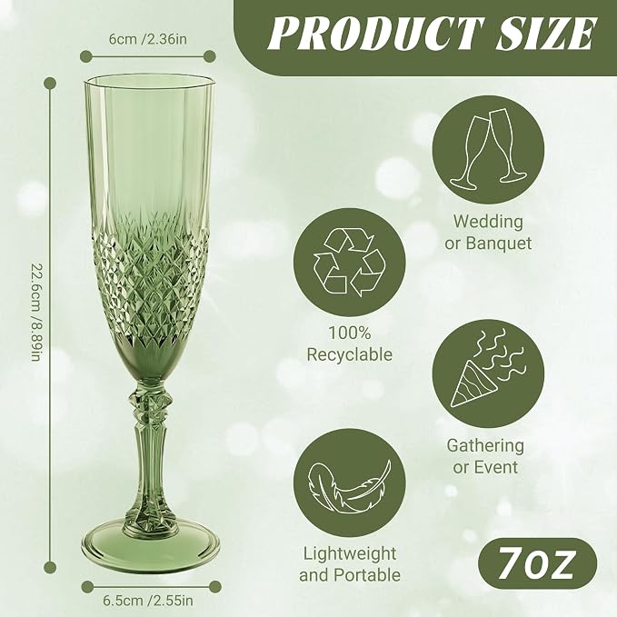 Plastic Champagne Flutes, Champagne Glasses Bulk, Reusable Unbreakable Acrylic Wine Glasses Goblets for Weddings Bachelor Parties Toasting Bridal Shower (12, Sage Green)