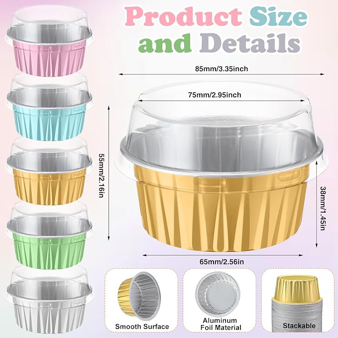 Gejoy 400 Pcs Aluminum Foil Baking Cups with Lids 5 oz Disposable Ramekins Mini Cake Pans Creme Brulee Cupcake Liners Muffin Dessert Container for Wedding Birthday Party (Classic,Soft Color)