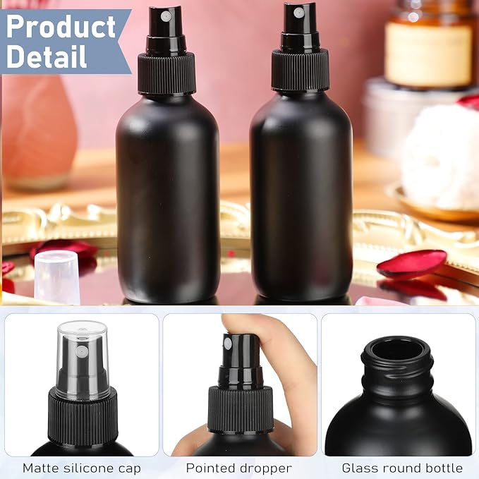 Yungyan 100 Pcs 4 oz Mini Glass Spray Bottles Empty Small Essential Oil Bottles Fine Mist with 3 Funnel 5 Dropper Cleaning Brush for Hair Travel Plants Perfumes(Black)