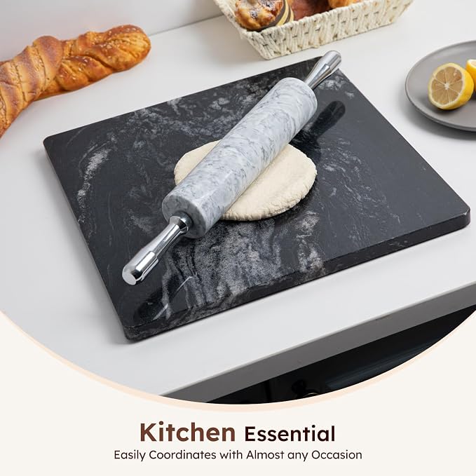 Diflart Marble Cutting Board for Kitchen, 16x16 Inch, Black, Non-Slip Feets | Natural Stone Slab Pastry Board for Baking, Cheese, Charcuterie, Dough, Chocolate, Pack of 1 Piece