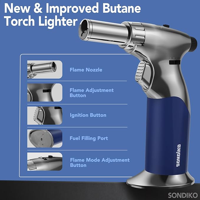 Sondiko DUAL Adjustable Flame Butane Torch Lighter, Mini Blow Torch, Refillable kitchen Torch with Continuous Flame Lock for Creme Brulee, Cooking(Butane Gas Is Not Included)