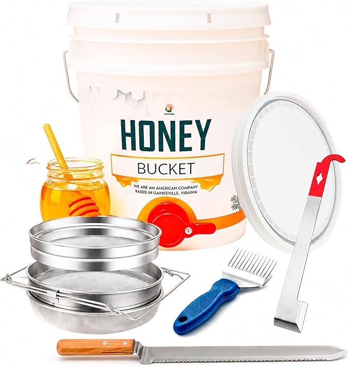 SunVara Honey Bucket with Gate 5 Gallon Kit - Stainless Steel Double Layer Strainer, Honey Scrapper Tool Beekeeping Equipment, Honey Extractor Equipment, Bee Supplies
