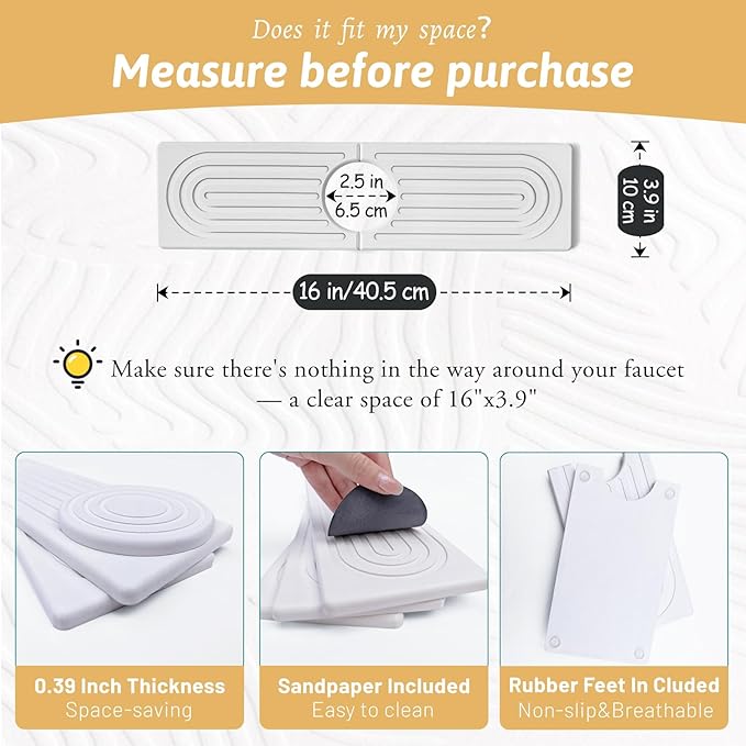 Faucet Mat for Kitchen Sink with Sandpaper, Diatomaceous Earth Faucet Splash Guard, Fast Drying Sink Protector Stone, Water Absorbing Stone Mat for Bathroom Sink Counter, Gift for Mother's Day, White