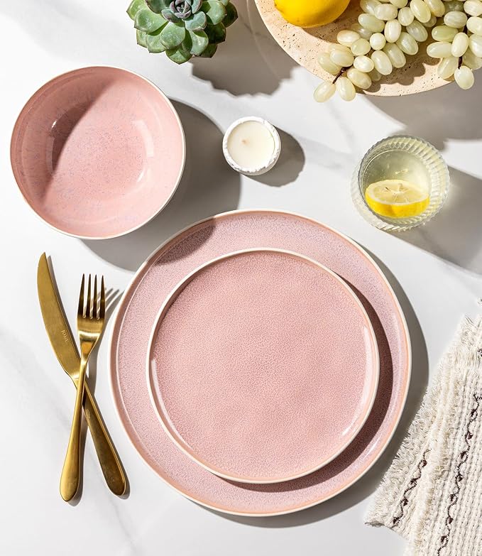 GBHOME Stoneware Dinnerware Sets for 6, 24 Pieces Rustic Ceramic Plates and Bowls Set, Handmade Reactive Glaze Plate Sets, Highly Chip Resistant Dishes, Microwave & Dishwasher Safe, Pink