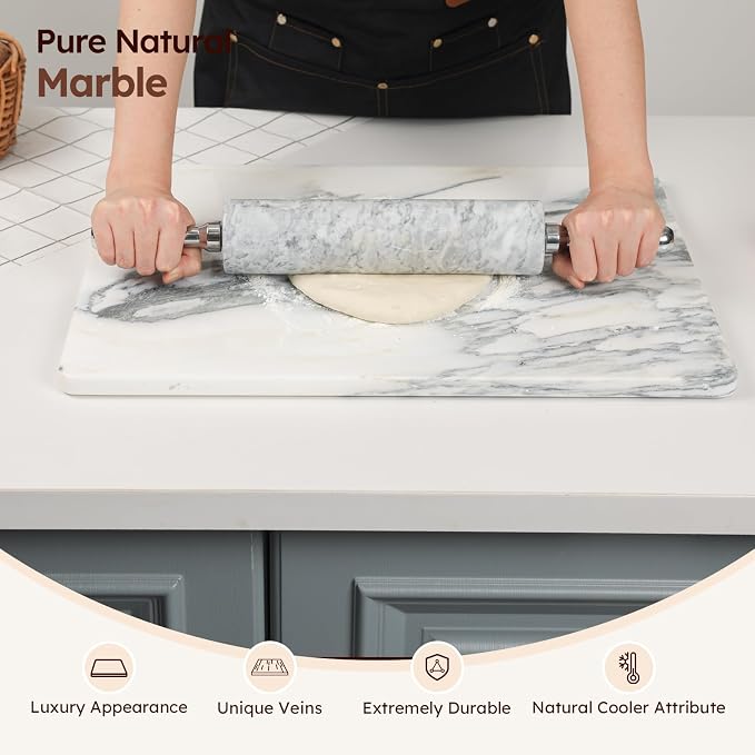Diflart Natural Marble Stone Cutting Board for Kitchen, 16x20 Inch, Ink White, Marble Slab Pastry Board Large with Non-Slip Feet for Backing, Cheese, Chocolate, Pack of 1 Piece
