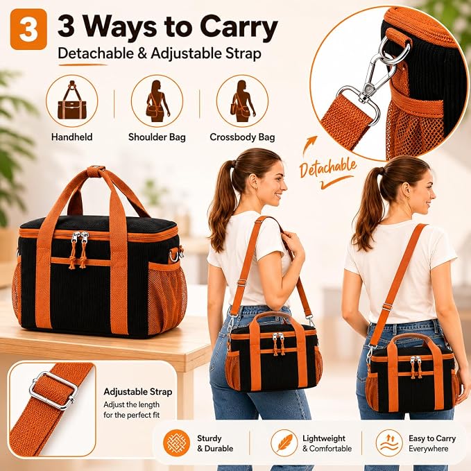 BTOOP Insulated Lunch Box for Women, Cute Corduroy Lunch Bag with Shoulder Strap, Leakproof Wide-Open Lunch Tote for Work, Office, School, Picnic Brown Black