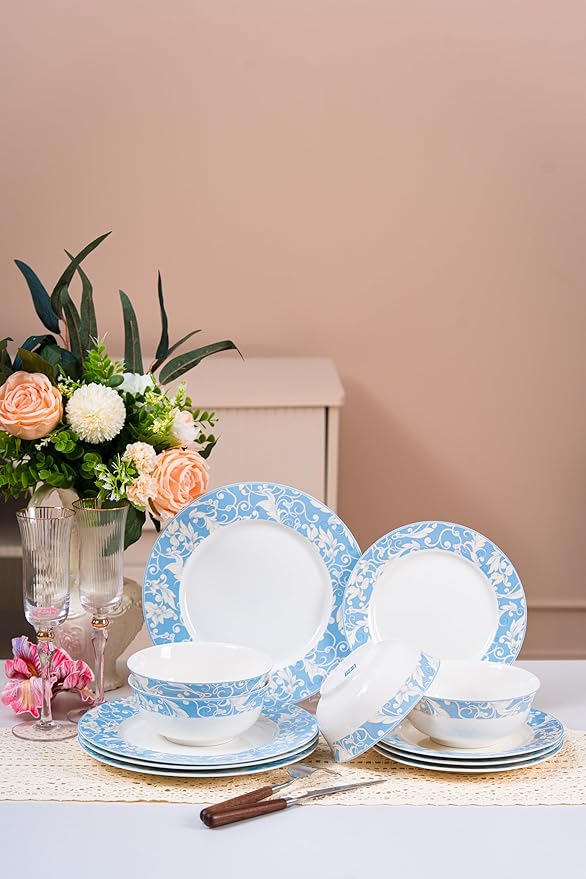 FHGNYSM Light Blue Porcelain Dinnerware Set,12-Piece Plates and Bowels set | Vitage Floral Scroll Pattern, Service for 4, Elegant Classic Kitchen Dish Set for Wedding, Party & Everyday Use