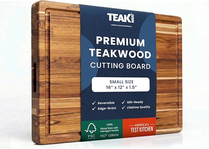 Teakhaus Carving Board with Juice Groove - Small (S) Teak Wood Cutting Board 16”L x 12”W x 1.5” Thick - Sustainably Harvested & FSC Certified - Knife Friendly with Beeswax Oil Finish