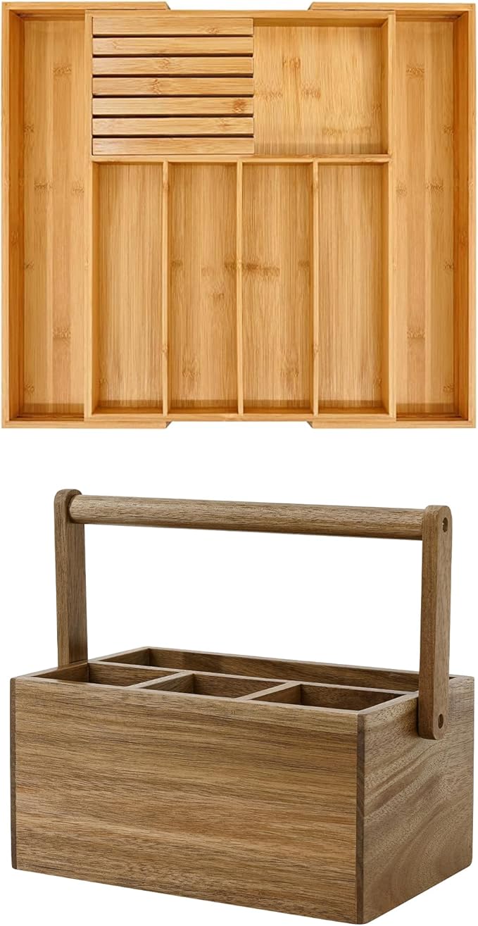 VaeFae Bamboo Silverware Drawer Organizer and Acacia Silverware Caddy Bundle