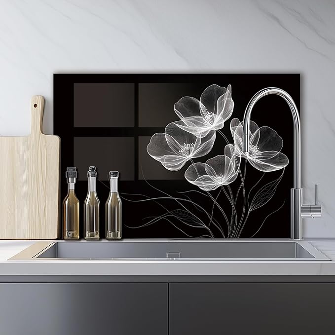 LMSDYSHU Tempered Glass Backsplash for Kitchen, Black line stripes, Frameless, Stove Backsplash Protector for Wall,Easy to Clean, Home Decor (30"x16")