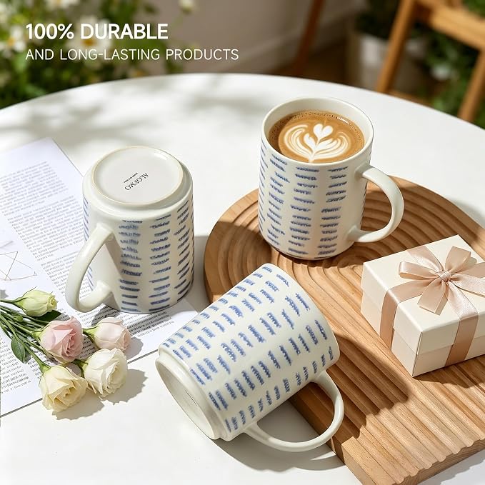 Coffee Mugs Set of 6, 17oz Ceramic Mugs with Handpainted Blue Gray Stripe Pattern, Modern Stackable Coffee Cups, Dishwasher and Microwave Safe Mugs for Home & Office (Horizontal Stripes)
