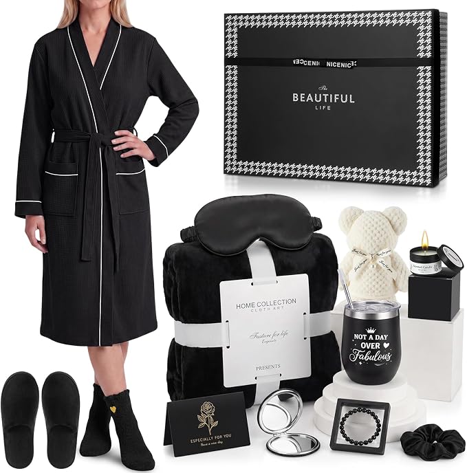 Sieral 14 Pcs Birthday Gifts for Women Care Blanket Gifts Set Spa Baskets Get Well Soon Gift Baskets Gift for Women Mom Her Girlfriend Sister Daughter Friend Wife Grandma (Piped,Black)