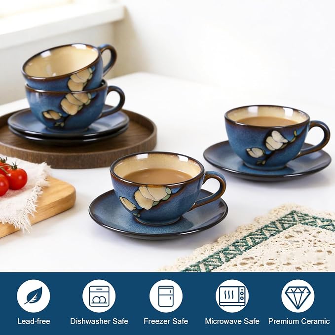 8 Oz Floral Porcelain Cappuccino Cups with Saucers Set of 4, Stoneware Tea Coffee Mugs for Home Kitchen & Office, Dishwasher Microwave Oven Safe, for Espresso, Latte, Americano, Milk & Tea, Dark Blue