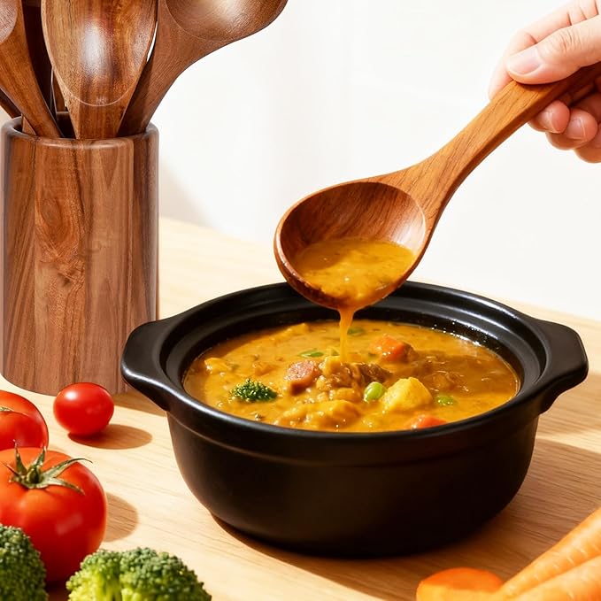 MYRAINBOW Wooden Spoons for Cooking, 10-Piece Teak Wooden Cooking Utensil Set with Holder, Nonstick, Heat Resistant Kitchen Utensils, Durable Wooden Cooking Spoons, Kitchen Cooking Gifts for Women Men