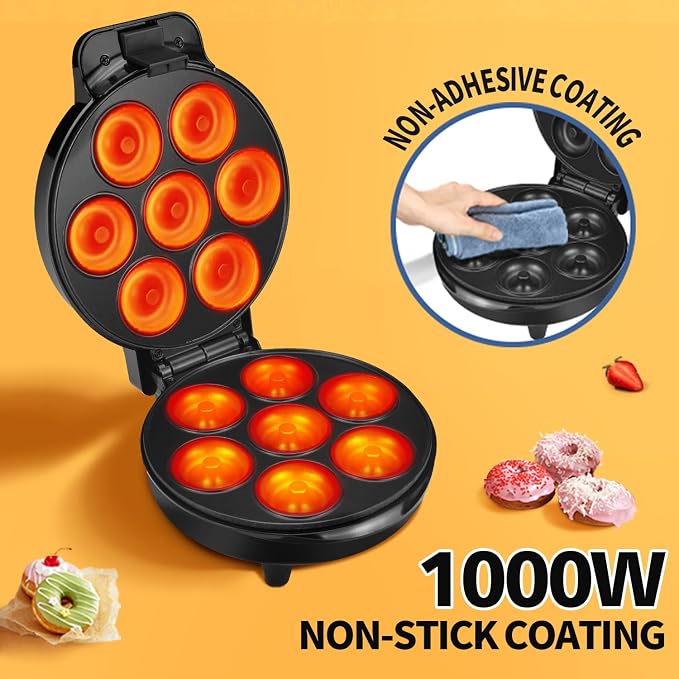 DSP Mini Donut Maker - Non-Stick, 7 Donuts, Cool-Touch | Quick 3-Min Baking, Indicator Lights, Easy Wipe-Clean, Breakfast/Snacks/Desserts, Black