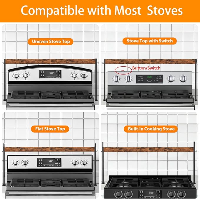 Spice Rack Shelf for Kitchen Stove, Over the Stove Shelf with 4 Level Adjustable Height, Over Stove Spice Rack with 4 Hooks, Rustic Brown + Black