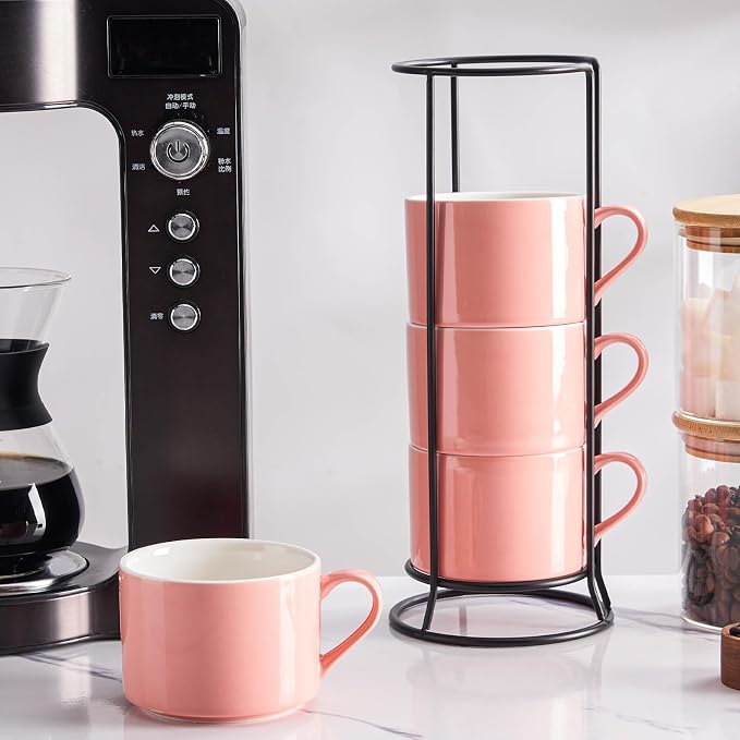 10oz Porcelain Stackable Coffee Mugs and Metal Stand Set of 4, Espresso Cups Set for Hot Drinks, Cappuccino, Tea-Pink