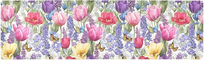 2 in 1 Table Runner Trivet for Hot Pots and Pans Heat Resistant Non Slip Waterproof 39 x 12 Inch Decorative Table Protector for Kitchen Countertop Tulips Lavenders Purple Butterfly