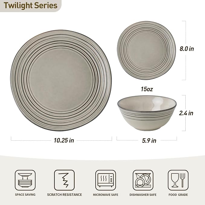 Famiware Twilight Plates and Bowls Sets 12-Piece Stoneware Dinnerware Sets, Dishes Set for 4, Hand-made Reactive Glaze Dish Set, Terre-verte