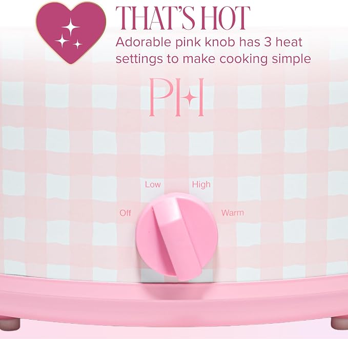 Paris Hilton 6-Quart Manual Slow Cooker, Features Three Settings (Low, High, Warm), Naturally Nonstick and Dishwasher Safe Stoneware Insert, Family Sized Capacity, Gingham Pink