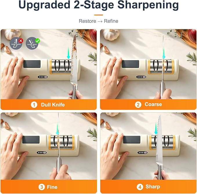 3 Stage Electric Knife Sharpener 2 Speed, Coarse & Fine Slots with Extra Fine Honing Stone on Handle, 20° Precision Angle Guide, Rechargeable Cordless Battery & Plug-in for Chef Knives