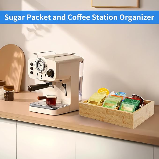 Wood Tea Bag Organizer with 6 Slots – Tea Bag Holder and Tea Organizer, Sugar Packet Storage for Countertops，Small Tea Packet Storage Box for Drawer, Removable Dividers,10 x 6.5 x 2.2inch