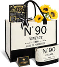 YeohJoy 90th Birthday Gifts for Women Canvas Tote Bag Travel Gear, Unique 90 Years Old Gifts for Wife Mom Sister Aunt Friends Her, Vintage N°90 Handbag & Cosmetic Bag & Back in 1936 Poster