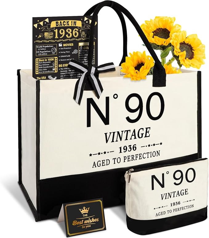 YeohJoy 90th Birthday Gifts for Women Canvas Tote Bag Travel Gear, Unique 90 Years Old Gifts for Wife Mom Sister Aunt Friends Her, Vintage N°90 Handbag & Cosmetic Bag & Back in 1936 Poster