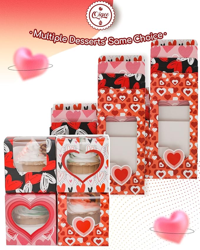 qiqee Valentine Cupcake Boxes Individual 60pcs Auto-Popup 3.5" x 3.5" x 3.5" Single Cupcake Carrier Container for Vanlentine ＆ Party