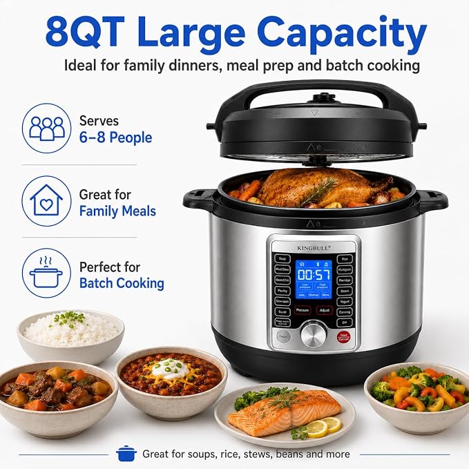 KINGBULL 14-in-1 Electric Pressure Cooker 8 Quart, Stainless Steel Multi Cooker with LCD Display and Knob Control, Slow Cooker, Rice Cooker, Steamer, Sauté, Yogurt Maker, Warmer, DIY Mode