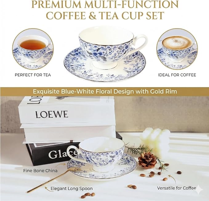 Vintage Floral Porcelain Tea Cup and Saucer Set with Gold Trim, Classic Blue Pattern Single Set