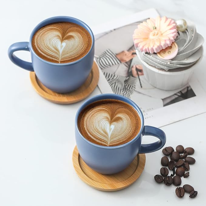Hasense Espresso Cups and Saucers Set of 6, Demitasse Cups with Handle for Coffee Drinks, Latte, Cappuccino, Cafe Mocha and Tea, 4 Ounce Porcelain Coffee Cups for Coffee Bar Home and Party, Blue