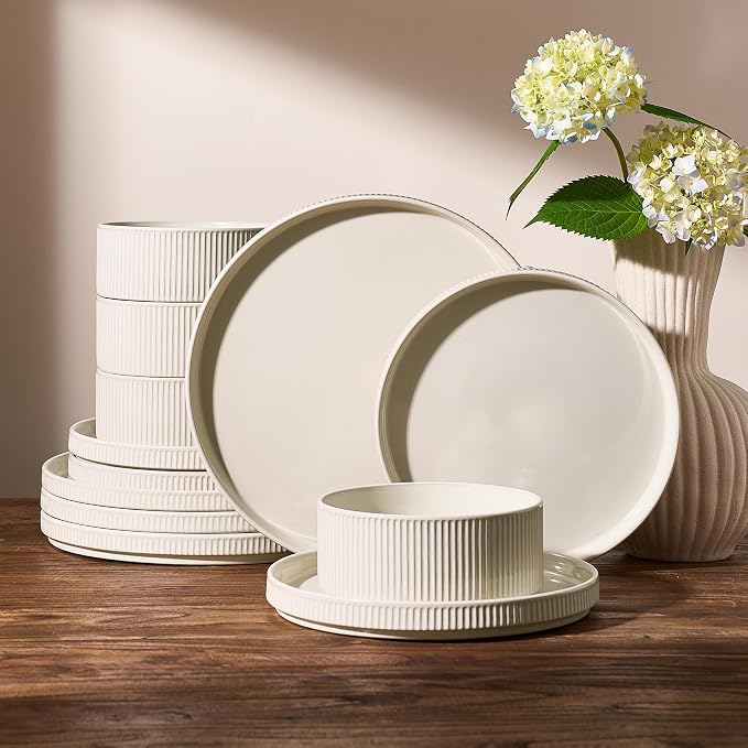Famiware Star 12-Piece Stoneware Dinnerware Set for 4 – Oat, Ceramic Ribbed Plates and Bowls – Modern Rustic Dishes, Everyday & Formal Use – Chip & Scratch Resistant, Microwave & Dishwasher Safe