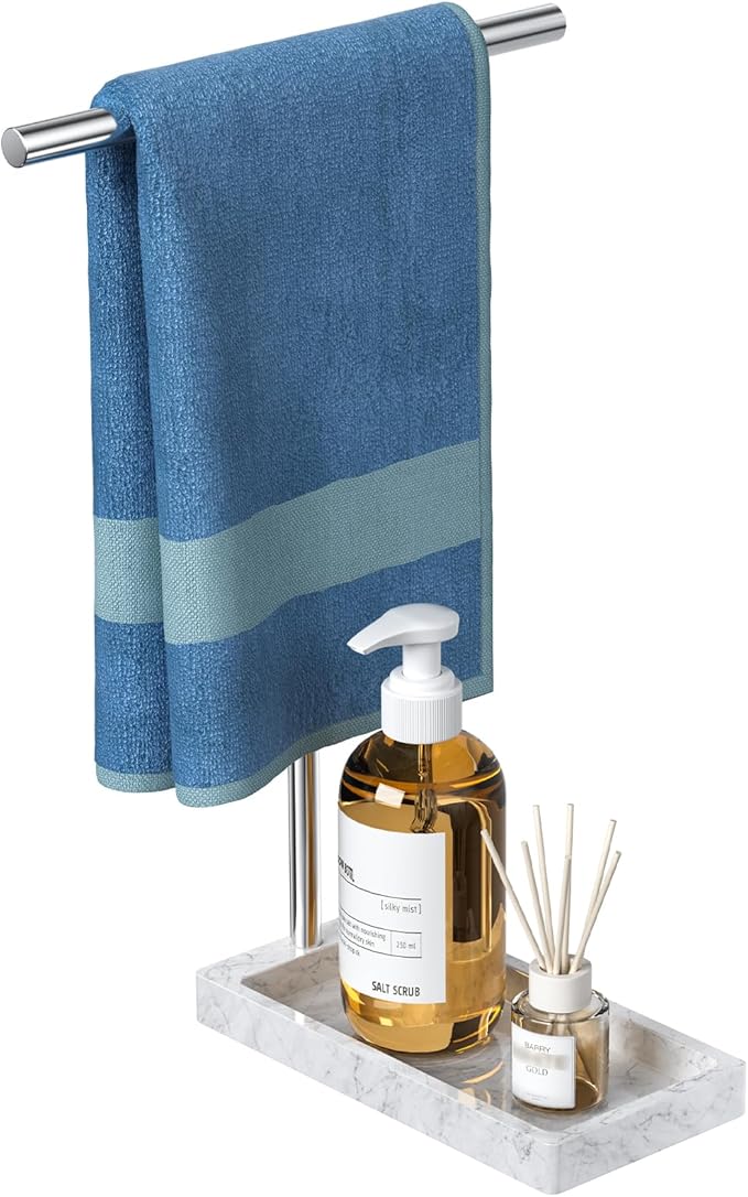 Volnamal Hand Towel Holder, 2 in 1 T-Shape Hand Towel Stand for Bathroom with Marble Base Tray, Hand Towel Rack Standing for Vanity Kitchen Countertop, Stainless Steel (Brushed)
