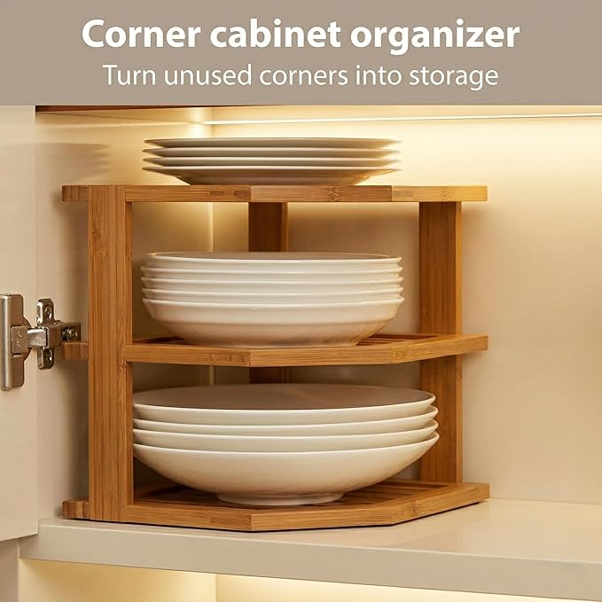 Plate Organizer for Cabinet - 3 Tier Bamboo Corner Shelf Cabinet Organizer for Plates, Bowls, Mugs and Pantry Storage, Space Saving Countertop and Cabinet Corner Shelf, 10 x 10 x 9.5 Inch, Bambusi